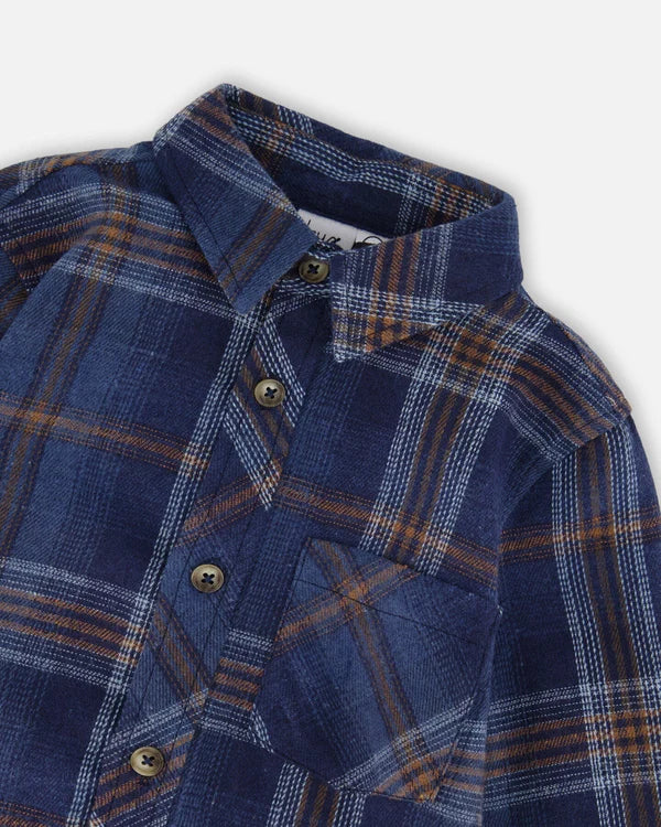Deux Par Deux Long Sleeve Flannel Shirt - Blue/Brown
