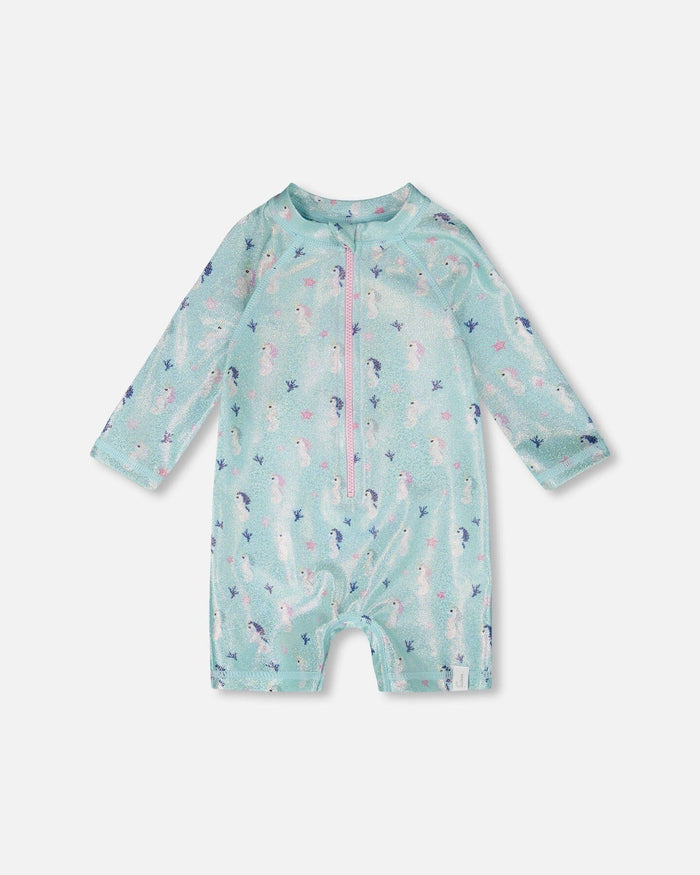 Deux Par Deux Long Sleeve One-Piece Rashguard - Blue Seahorse