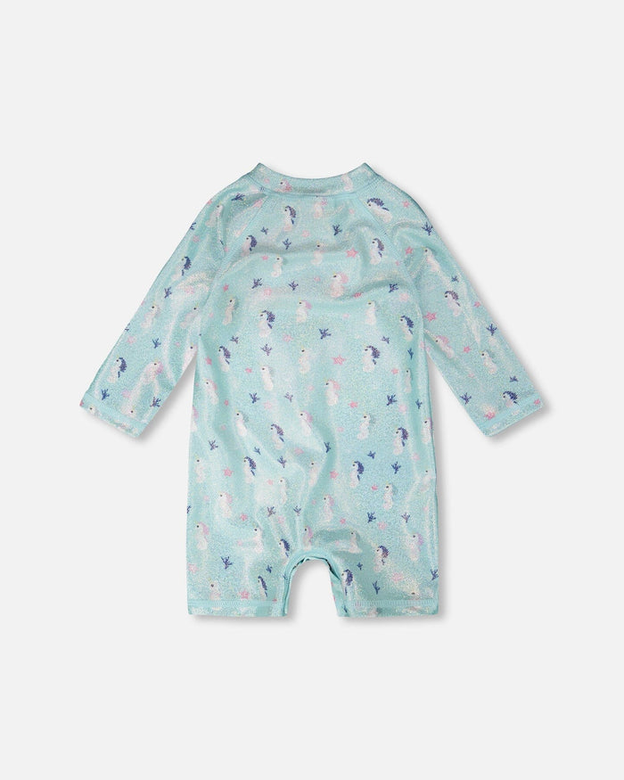 Deux Par Deux Long Sleeve One-Piece Rashguard - Blue Seahorse