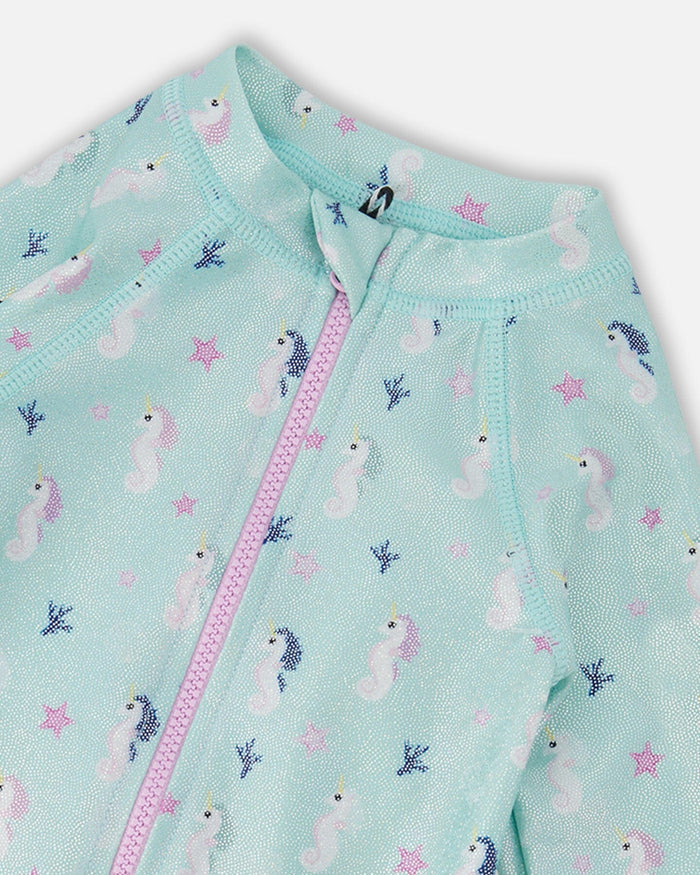 Deux Par Deux Long Sleeve One-Piece Rashguard - Blue Seahorse