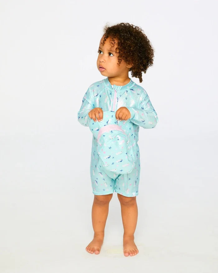 Deux Par Deux Long Sleeve One-Piece Rashguard - Blue Seahorse