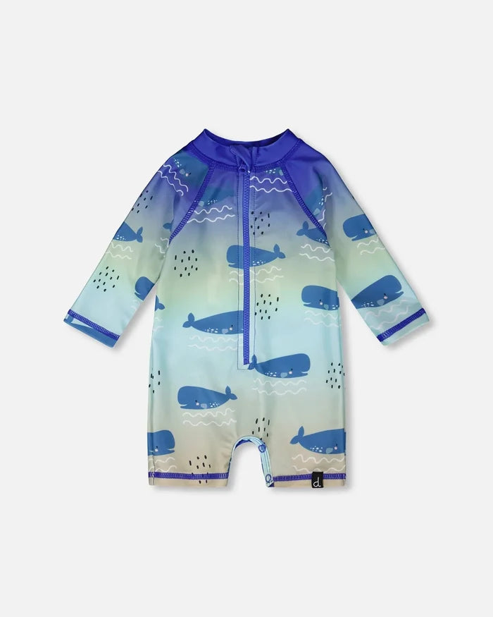 Deux Par Deux Long Sleeve One-Piece Rashguard - Blue Whale