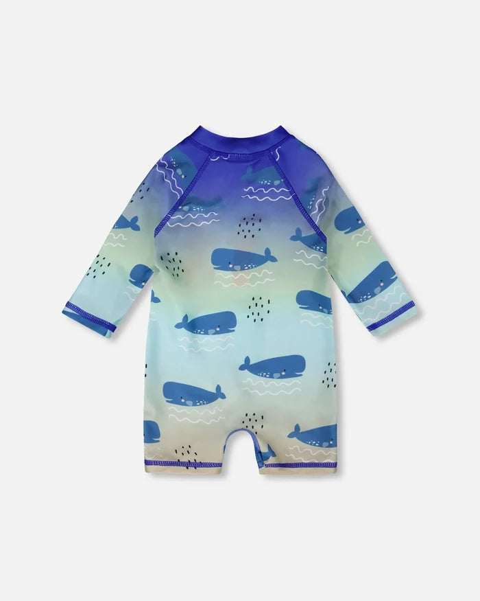 Deux Par Deux Long Sleeve One-Piece Rashguard - Blue Whale