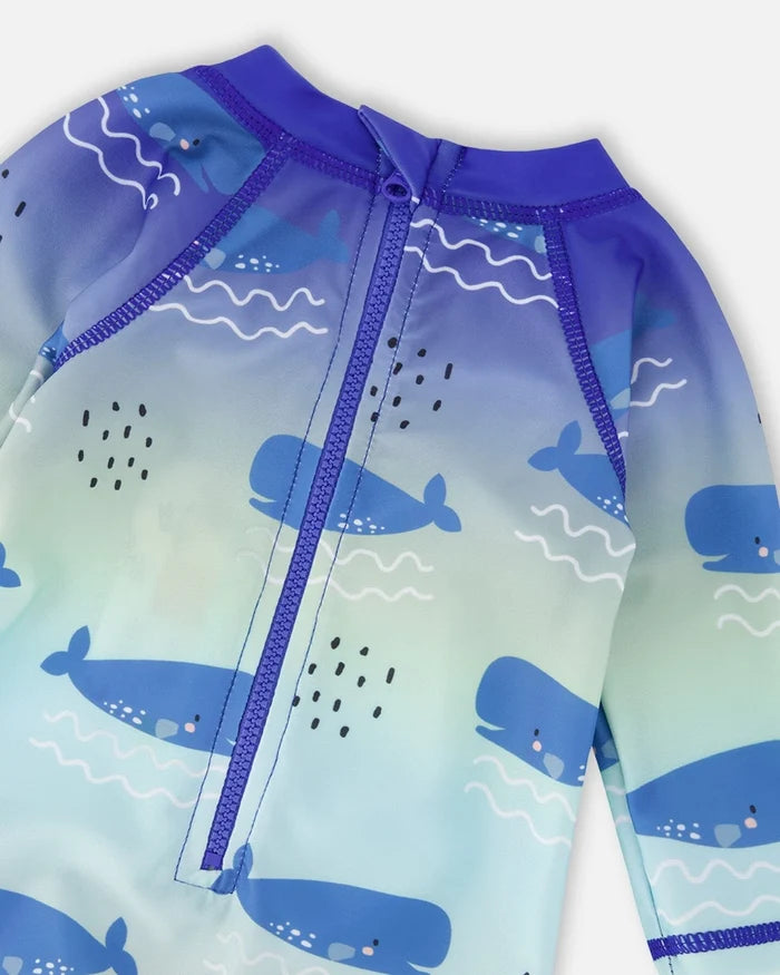 Deux Par Deux Long Sleeve One-Piece Rashguard - Blue Whale