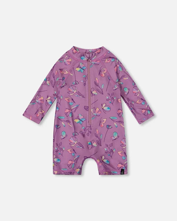 Deux Par Deux Long Sleeve One-Piece Rashguard - Multicoloured Butterflies