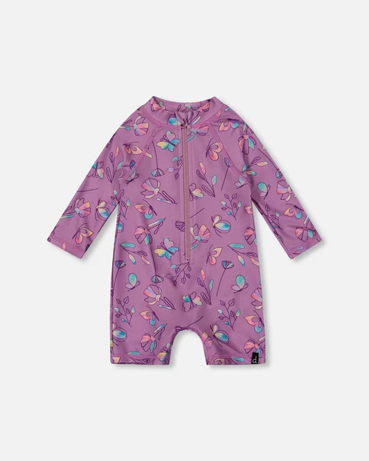 Deux Par Deux Long Sleeve One-Piece Rashguard - Multicoloured Butterflies