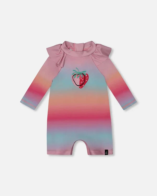 Deux Par Deux Long Sleeve One-Piece Rashguard - Pink Blue Orange Gradient