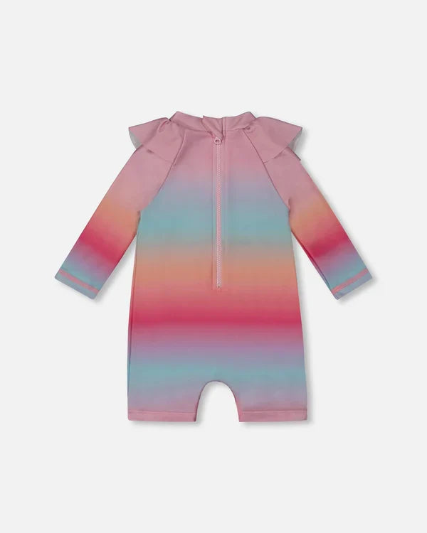 Deux Par Deux Long Sleeve One-Piece Rashguard - Pink Blue Orange Gradient