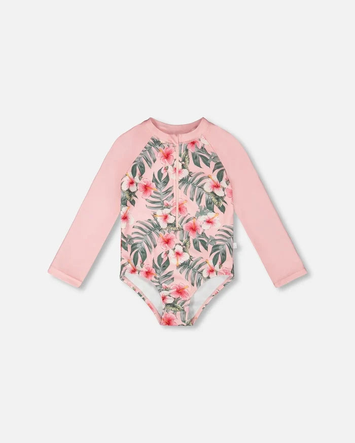 Deux Par Deux Long Sleeve Rashguard - Pink Hibiscus