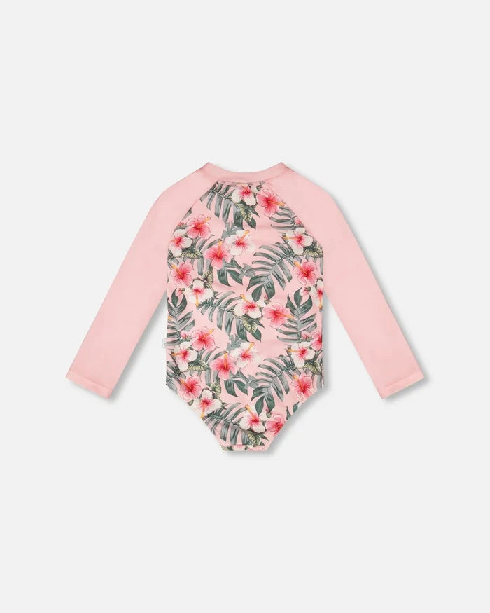 Deux Par Deux Long Sleeve Rashguard - Pink Hibiscus