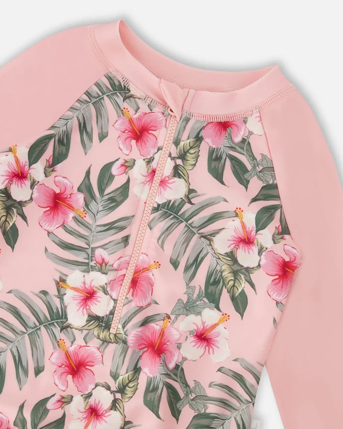 Deux Par Deux Long Sleeve Rashguard - Pink Hibiscus
