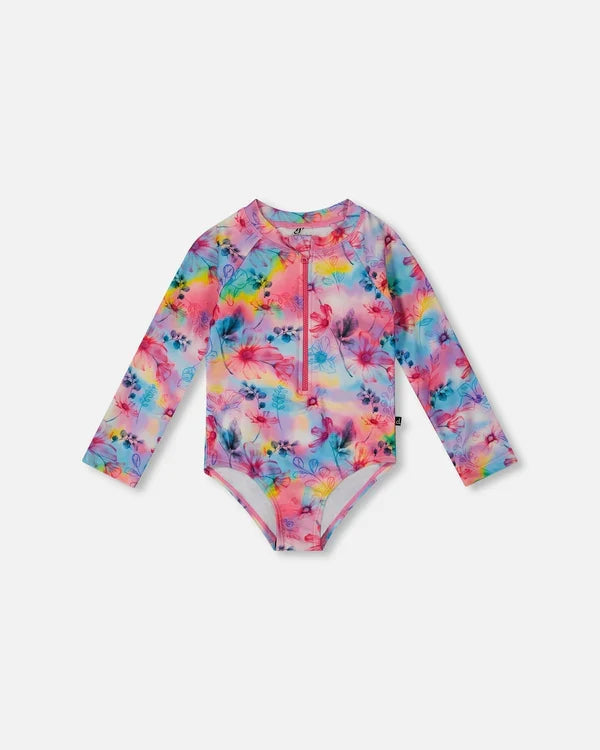 Deux Par Deux  Long Sleeve Rashguard - Printed Rainbow Flowers