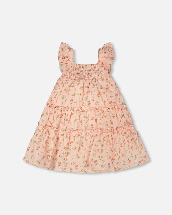 Deux Par Deux Multi-Tiered Smock Dress - Printed Cherry Coral