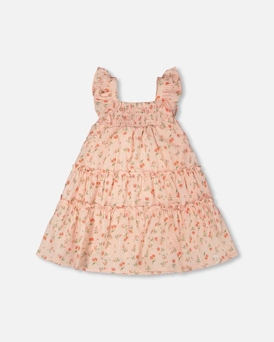 Deux Par Deux Multi-Tiered Smock Dress - Printed Cherry Coral