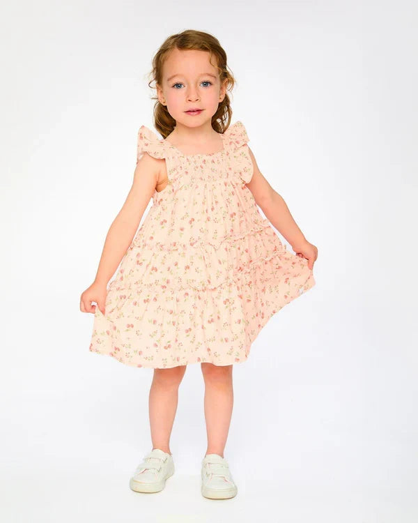 Deux Par Deux Multi-Tiered Smock Dress - Printed Cherry Coral