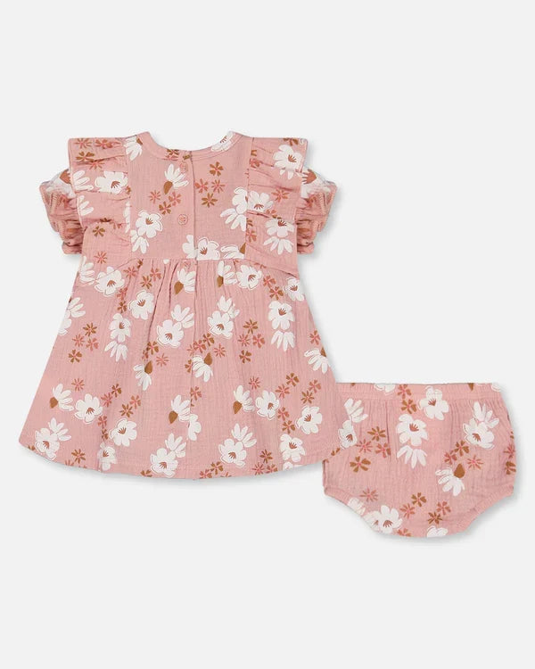 Deux Par Deux Muslin Dress and Bloomer - Printed Pink and White Flowers
