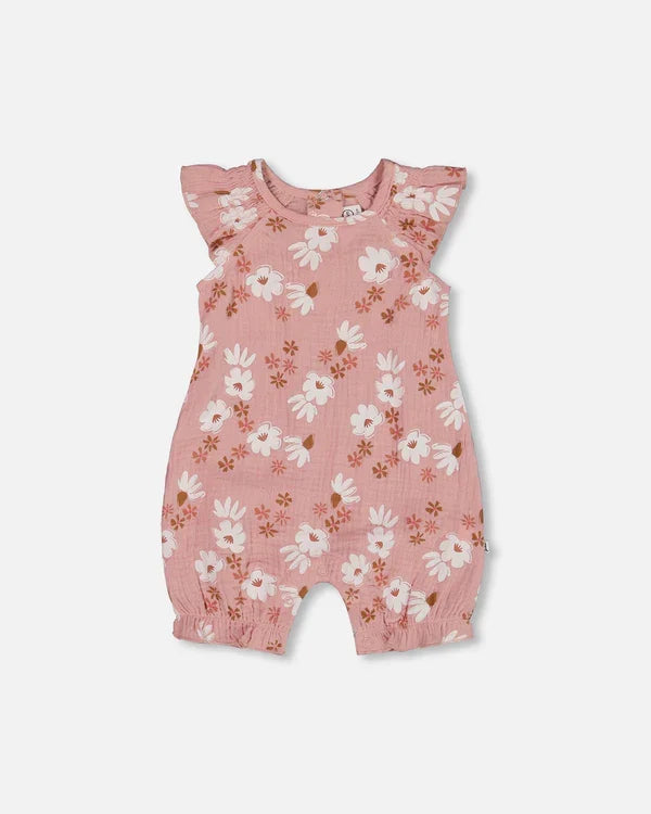 Deux Par Deux Muslin Romper - Printed Pink and White Flowers