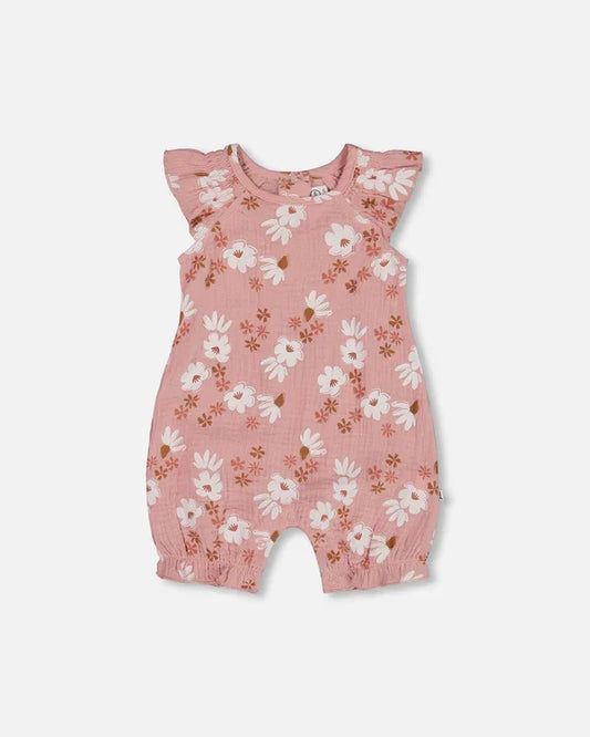 Deux Par Deux Muslin Romper - Printed Pink and White Flowers