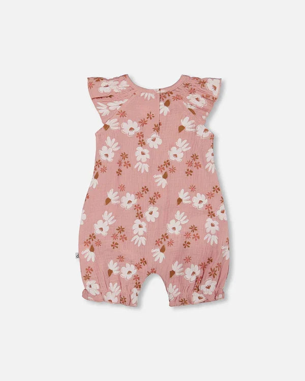 Deux Par Deux Muslin Romper - Printed Pink and White Flowers