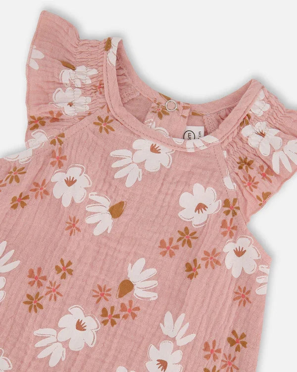 Deux Par Deux Muslin Romper - Printed Pink and White Flowers