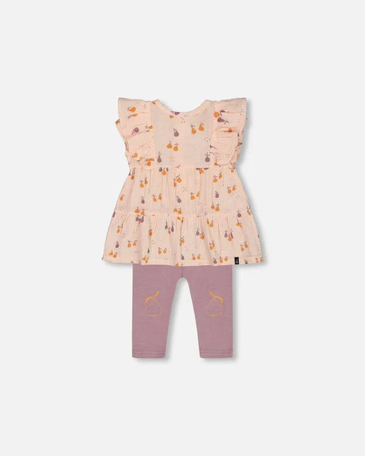 Deux Par Deux Muslin Tunic & Jersey Leggings Set - Printed Pear