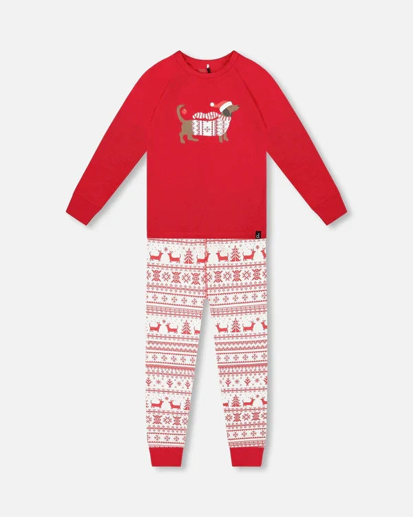 Deux Par Deux Organic Cotton 2pc Pajama Set - Red & White Fairisle
