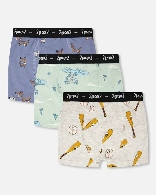 Deux Par Deux Organic Cotton 3 Pack Boxer Shorts - Printed Baseball