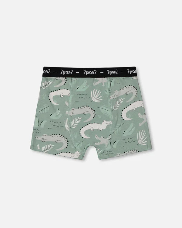 Deux Par Deux Organic Cotton Boxer Shorts - Light Sage And Gray Crocodile
