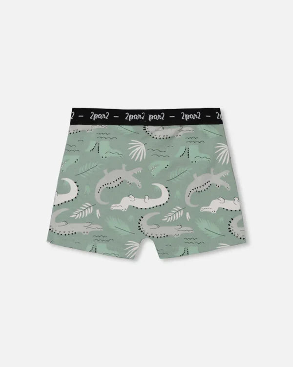 Deux Par Deux Organic Cotton Boxer Shorts - Light Sage And Gray Crocodile