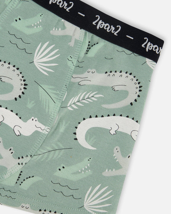 Deux Par Deux Organic Cotton Boxer Shorts - Light Sage And Gray Crocodile