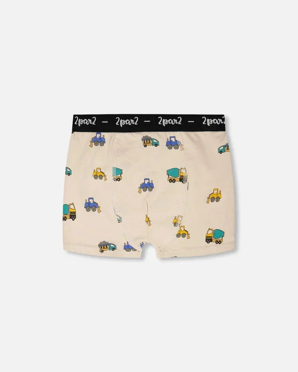 Deux Par Deux Organic Cotton Boxer Shorts - Printed Trucks on Beige Background