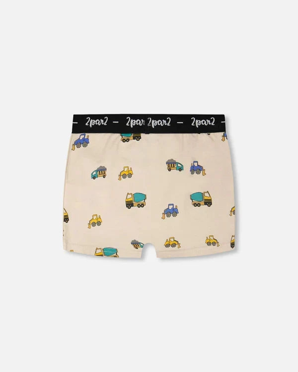 Deux Par Deux Organic Cotton Boxer Shorts - Printed Trucks on Beige Background