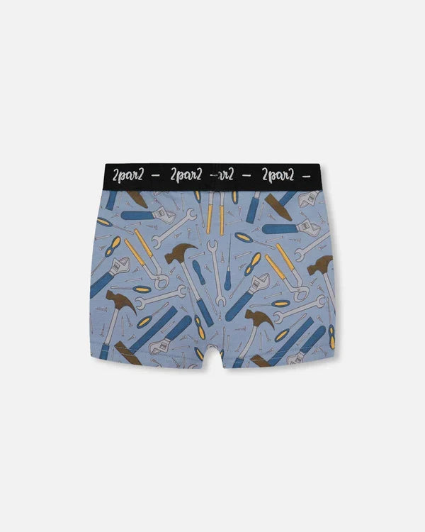 Deux Par Deux Organic Cotton Boxer Shorts - Tools On Bluish Gray Background