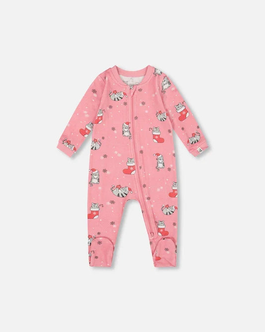 Deux Par Deux Organic Cotton Footie - Printed Cats & Snow