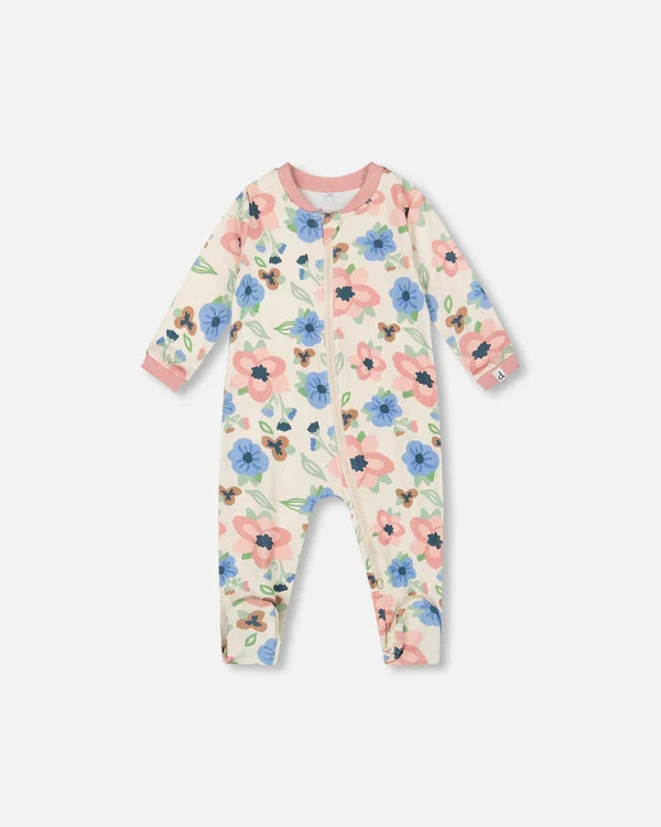 Deux Par Deux Organic Cotton Footie - Printed Off White Flowers