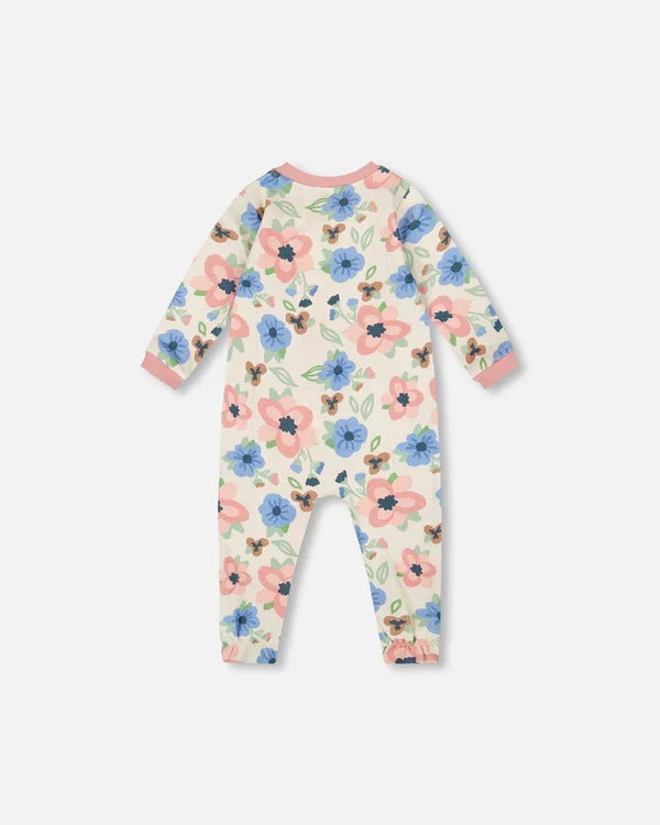 Deux Par Deux Organic Cotton Footie - Printed Off White Flowers