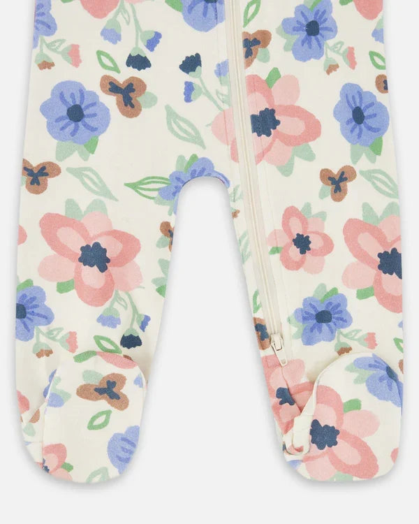 Deux Par Deux Organic Cotton Footie - Printed Off White Flowers