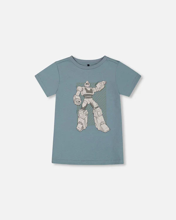 Deux Par Deux Organic Cotton Graphic Tee - Grayish Teal And Robot