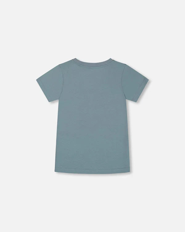 Deux Par Deux Organic Cotton Graphic Tee - Grayish Teal And Robot