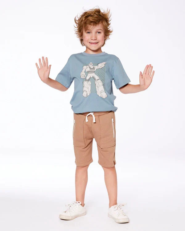 Deux Par Deux Organic Cotton Graphic Tee - Grayish Teal And Robot