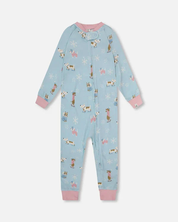 Deux Par Deux Organic Cotton Interlock One-Piece Pajama - Blue Dog Print