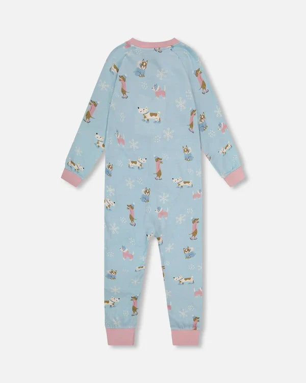 Deux Par Deux Organic Cotton Interlock One-Piece Pajama - Blue Dog Print
