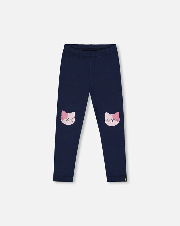 Deux Par Deux Organic Cotton Jersey Leggings - Black Iris with Cats
