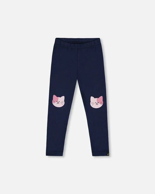 Deux Par Deux Organic Cotton Jersey Leggings - Black Iris with Cats