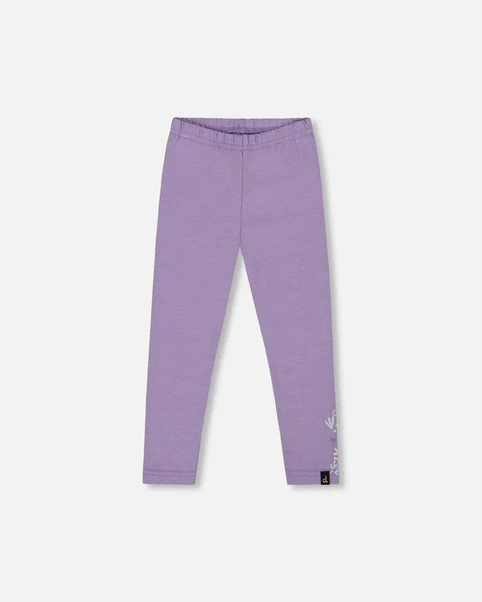 Deux Par Deux Organic Cotton Jersey Leggings - Purple With Floral Detail