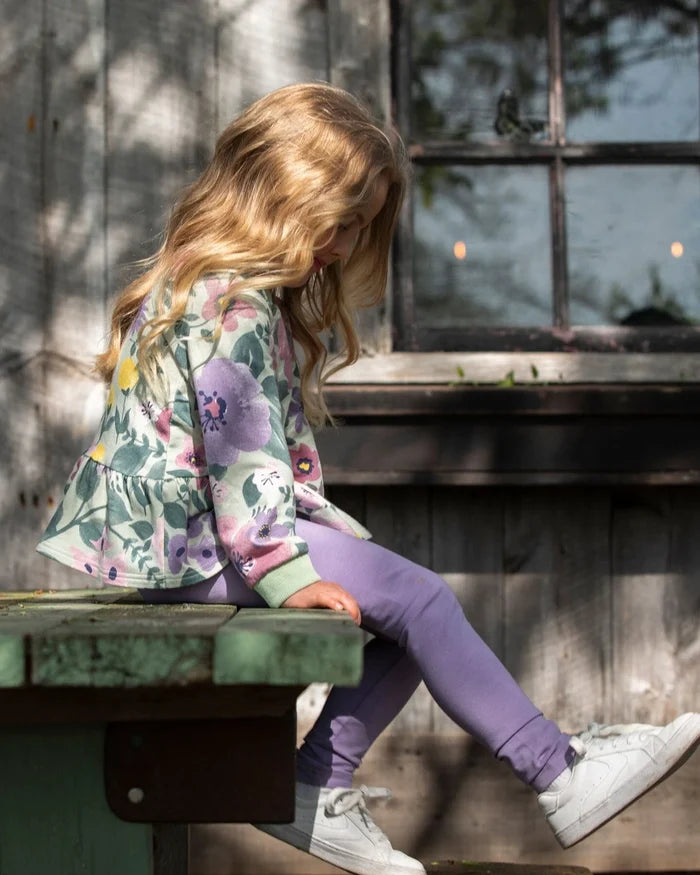 Deux Par Deux Organic Cotton Jersey Leggings - Purple With Floral Detail