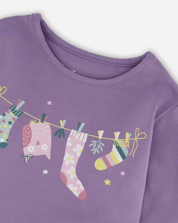 Deux Par Deux Organic Cotton Jersey T-Shirt - Purple With Owl