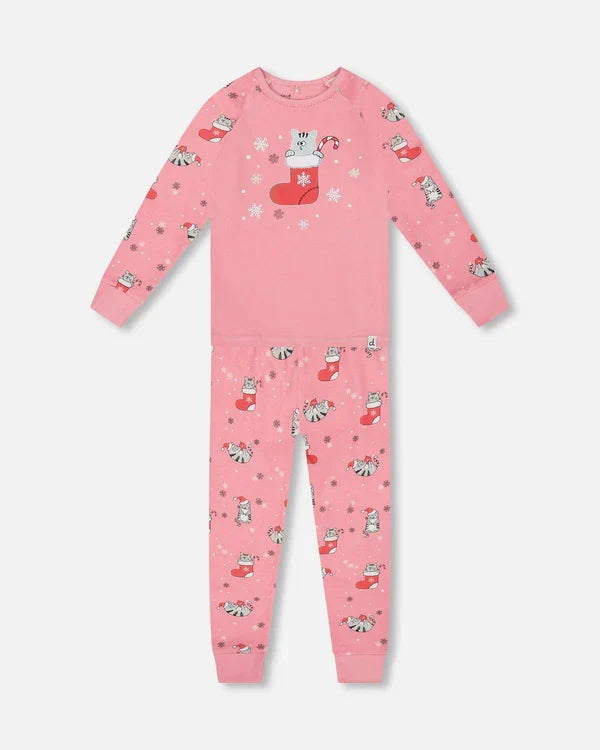 Deux Par Deux Organic Cotton Long Sleeve Pajama Set - Pink Printed Cats & Snowflakes
