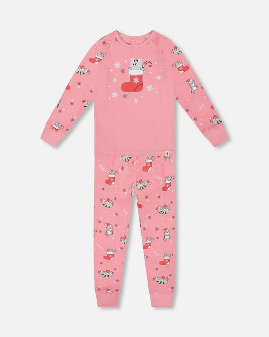 Deux Par Deux Organic Cotton Long Sleeve Pajama Set - Pink Printed Cats & Snowflakes