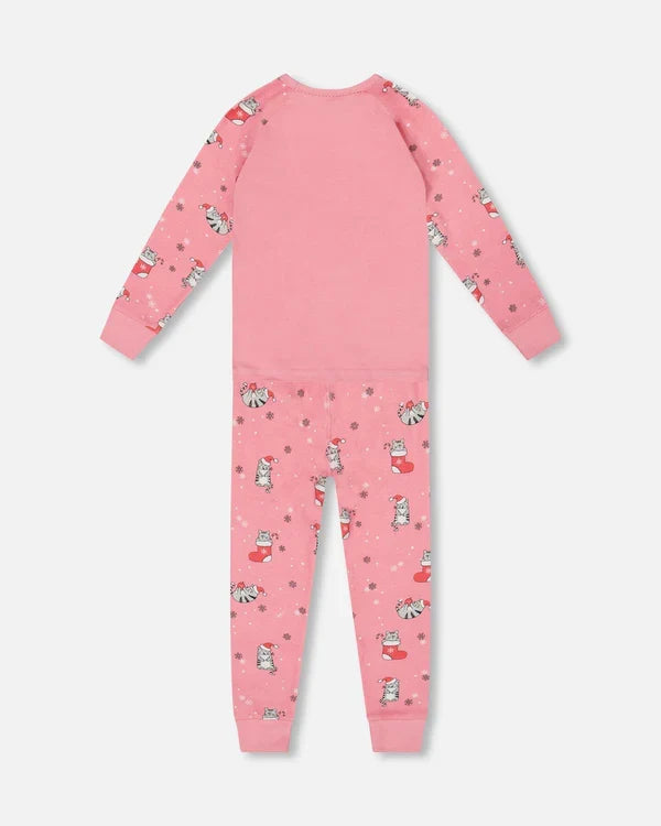 Deux Par Deux Organic Cotton Long Sleeve Pajama Set - Pink Printed Cats & Snowflakes